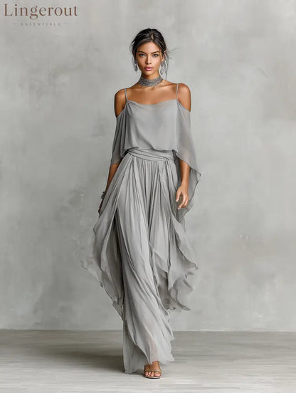 Women’s Grey Breathable Chiffon Maxi Dress With Cold-Shoulder Detail & Flared Silhouette