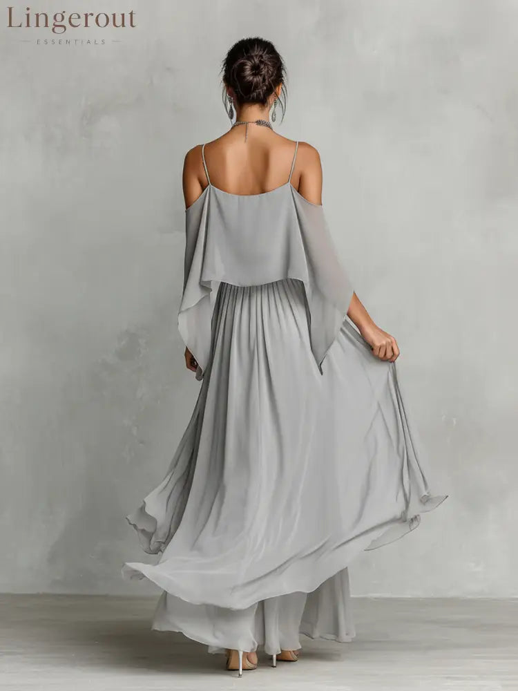 Women’s Grey Breathable Chiffon Maxi Dress With Cold-Shoulder Detail & Flared Silhouette