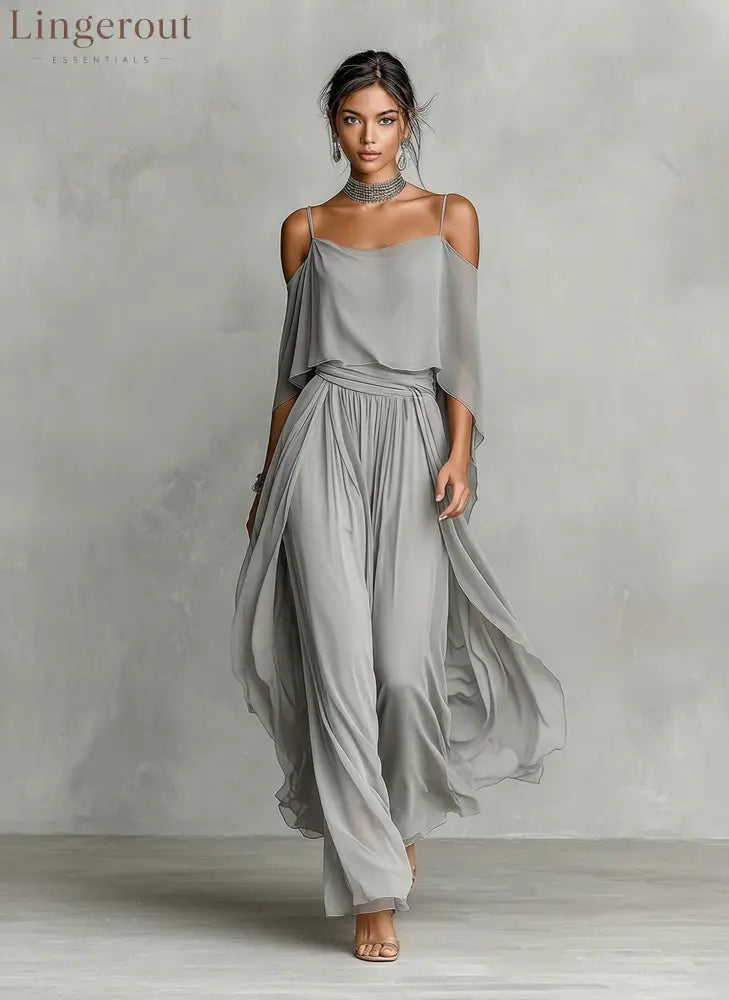 Women’s Grey Breathable Chiffon Maxi Dress With Cold-Shoulder Detail & Flared Silhouette