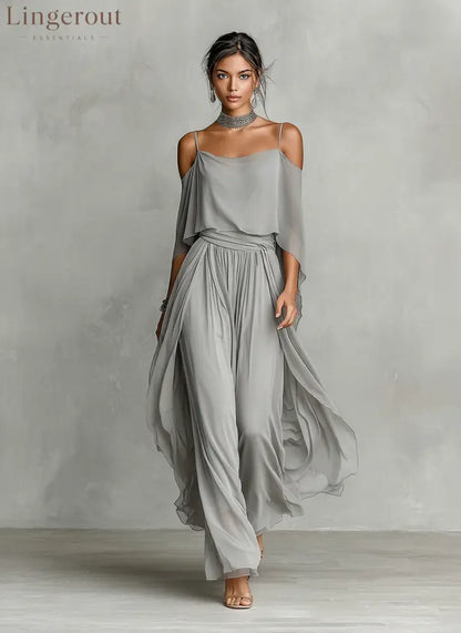 Women’s Grey Breathable Chiffon Maxi Dress With Cold-Shoulder Detail & Flared Silhouette