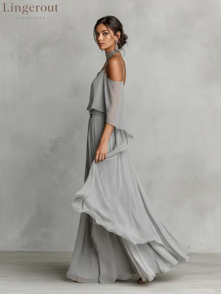 Women’s Grey Breathable Chiffon Maxi Dress With Cold-Shoulder Detail & Flared Silhouette