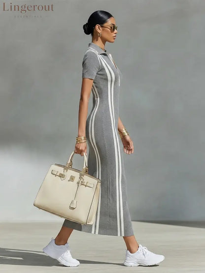 Women's Grey Stretchy Rib Knit Maxi Dress With Zip Polo Collar & Vertical Side Stripes, Chic Sporty Bodycon Pencil Dress MDZ2497F8LYL