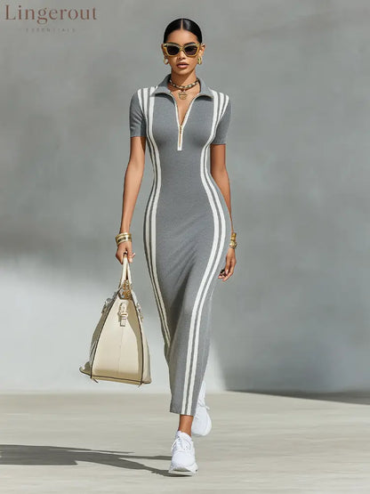 Women's Grey Stretchy Rib Knit Maxi Dress With Zip Polo Collar & Vertical Side Stripes, Chic Sporty Bodycon Pencil Dress MDZ2497F8LYL