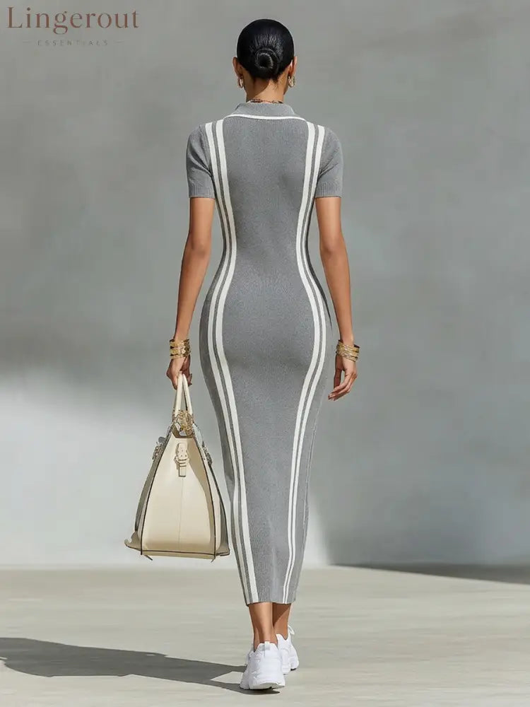 Women's Grey Stretchy Rib Knit Maxi Dress With Zip Polo Collar & Vertical Side Stripes, Chic Sporty Bodycon Pencil Dress MDZ2497F8LYL
