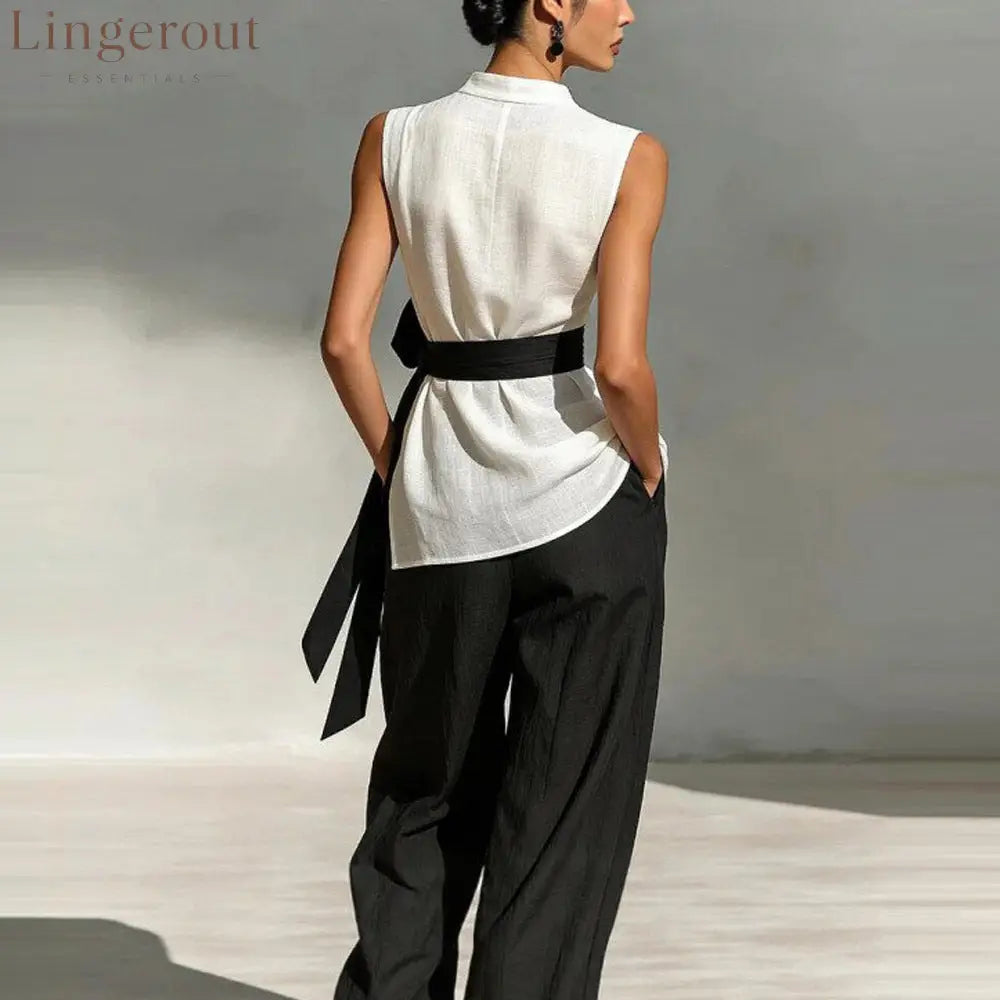 Women’S Lace-Up Sleeveless Contrasting Color Suit Top + Wide Leg Pants Two-Piece Set