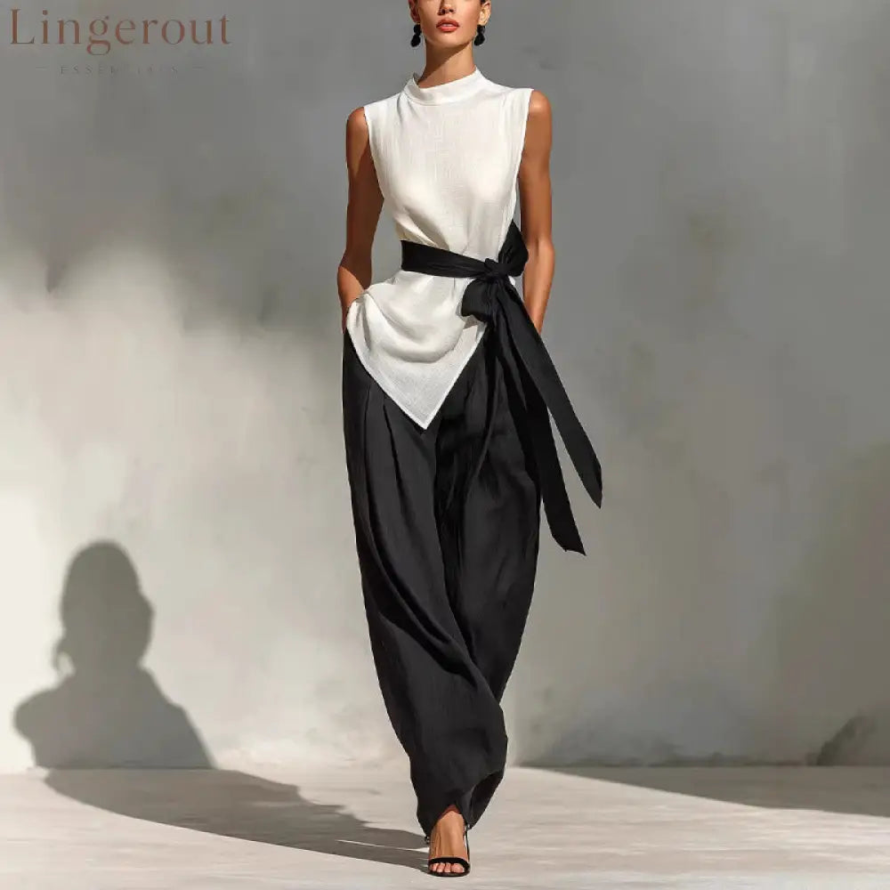 Women’S Lace-Up Sleeveless Contrasting Color Suit Top + Wide Leg Pants Two-Piece Set - White / S