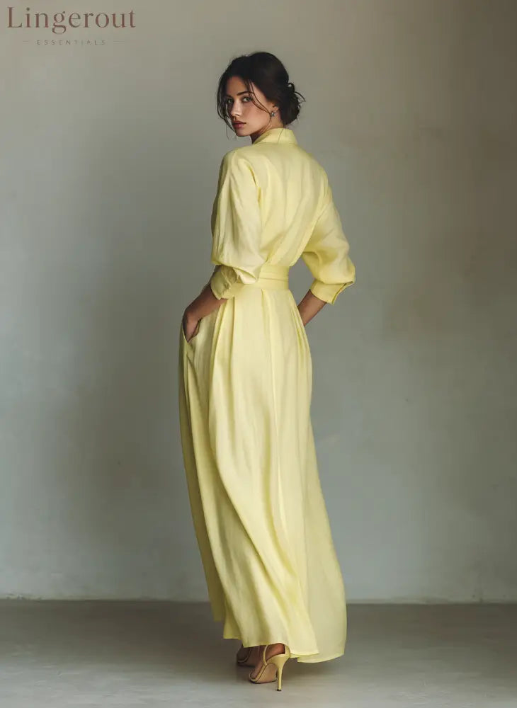 Women’s Lemon Yellow Cotton And Linen Blend Maxi Shirt Dress With Tie Waist & Half Sleeves