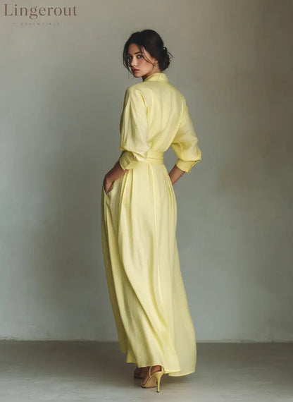 Women’s Lemon Yellow Cotton And Linen Blend Maxi Shirt Dress With Tie Waist & Half Sleeves