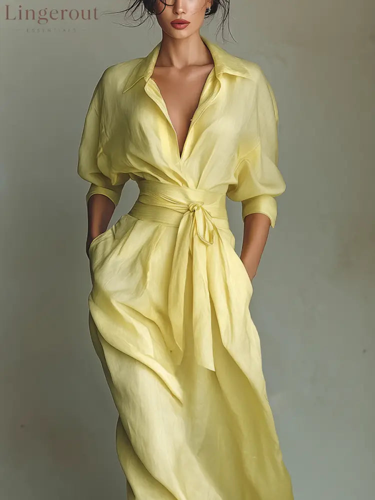 Women’s Lemon Yellow Cotton And Linen Blend Maxi Shirt Dress With Tie Waist & Half Sleeves