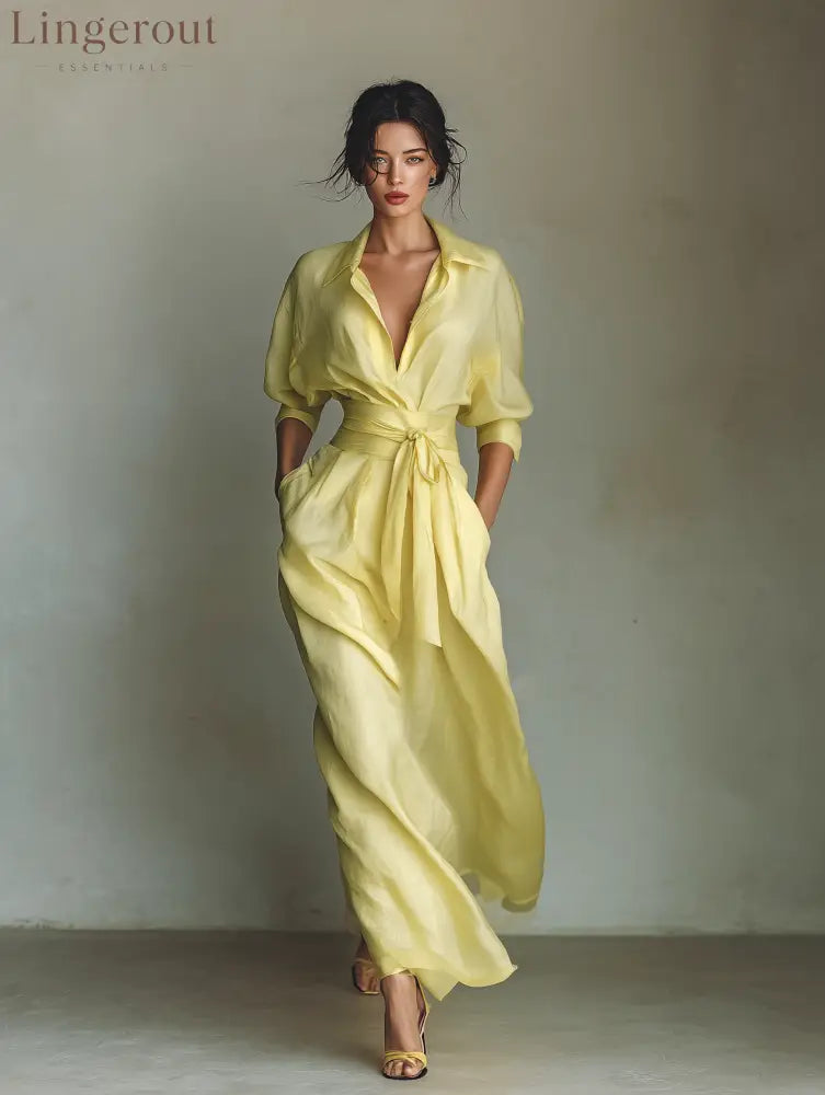 Women’s Lemon Yellow Cotton And Linen Blend Maxi Shirt Dress With Tie Waist & Half Sleeves