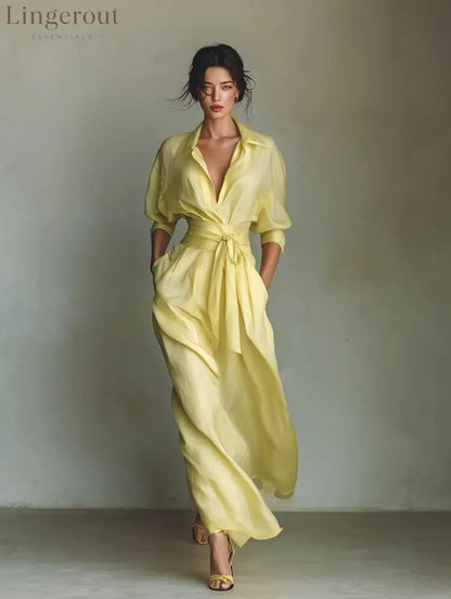 Women’s Lemon Yellow Cotton And Linen Blend Maxi Shirt Dress With Tie Waist & Half Sleeves