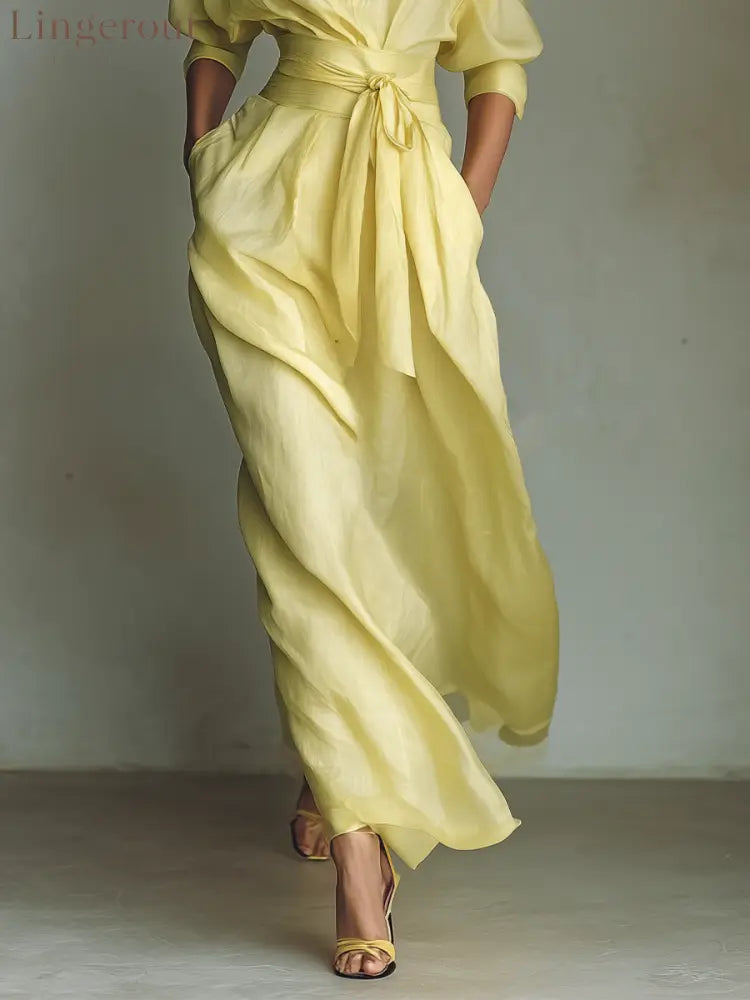 Women’s Lemon Yellow Cotton And Linen Blend Maxi Shirt Dress With Tie Waist & Half Sleeves