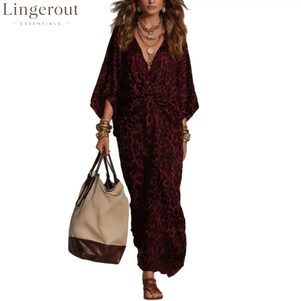 Women’s Leopard Print Knot-Front Maxi Kaftan Dress - Flowy V-Neck Chiffon Cover-Up