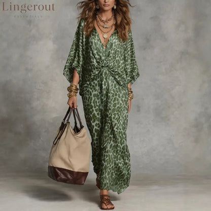 Women’s Leopard Print Knot-Front Maxi Kaftan Dress - Flowy V-Neck Chiffon Cover-Up