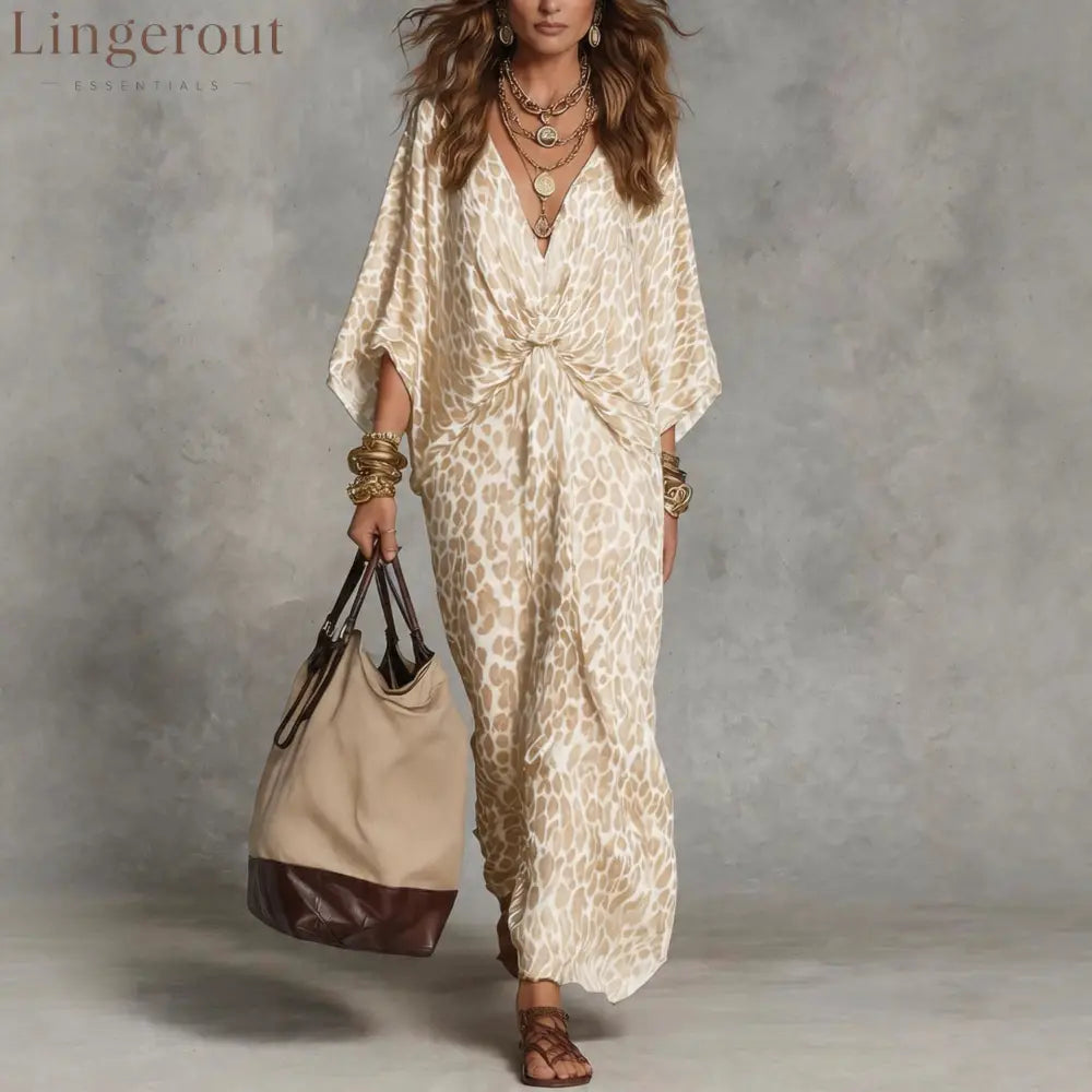 Women’s Leopard Print Knot-Front Maxi Kaftan Dress - Flowy V-Neck Chiffon Cover-Up