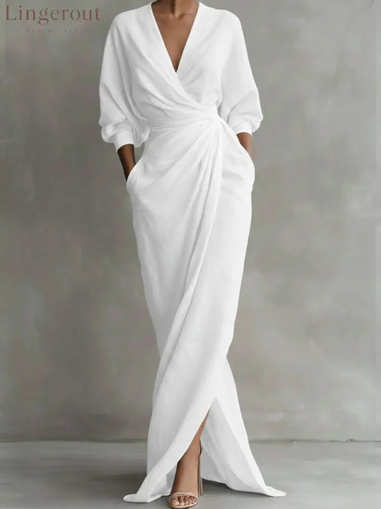 Women’s Linen And Cotton Extra-long Dress - White / S