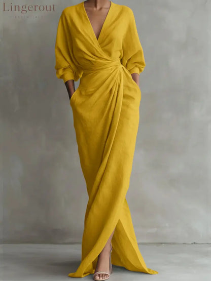 Women’s Linen And Cotton Extra-long Dress - Yellow / S