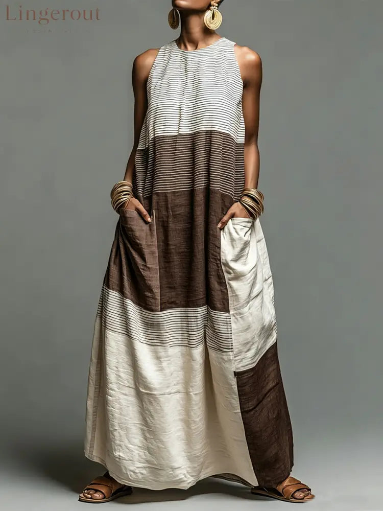 Women’s Linen-Blend Color Block Striped Sleeveless Maxi Dress With Pockets - Brown / XS