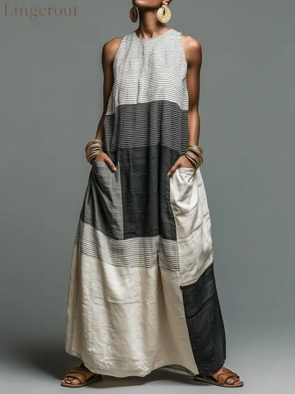 Women’s Linen-Blend Color Block Striped Sleeveless Maxi Dress With Pockets - Off-white / XS
