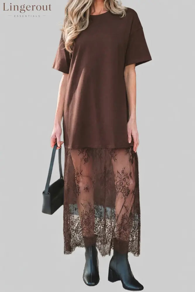 Women’s Loose-fit Lace Patchwork Dress - Brown / S
