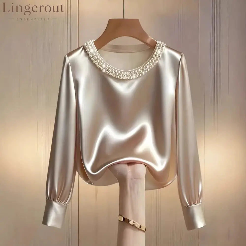 womens luxe satin pearl collar blouse fitting long