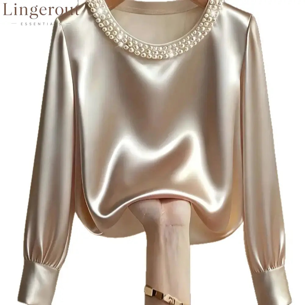 womens luxe satin pearl collar blouse fitting long
