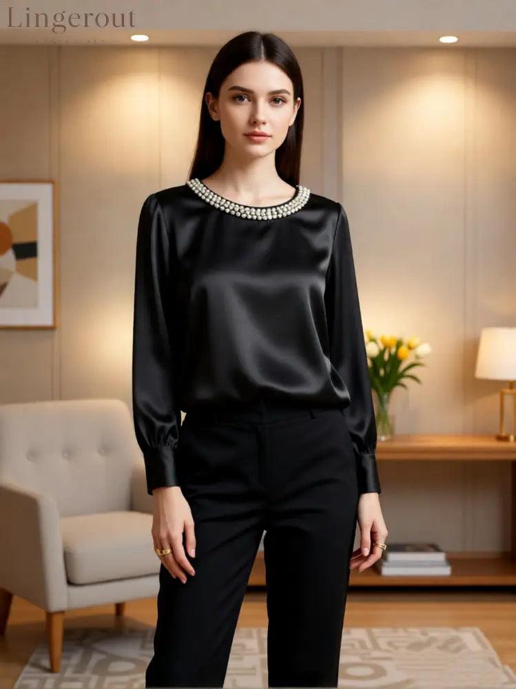 womens luxe satin pearl collar blouse fitting long - Black / S