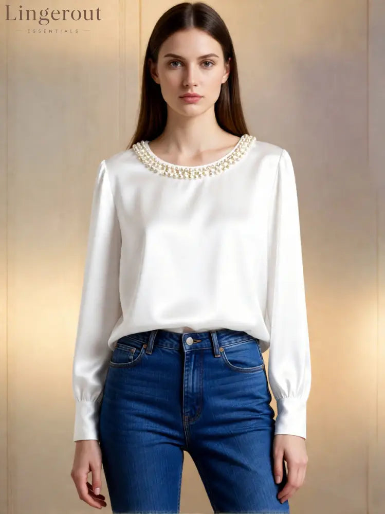 womens luxe satin pearl collar blouse fitting long - White / S