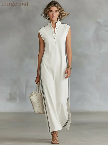 Women’s Minimalist Athletic-Style Sleeveless Henley Maxi Dress