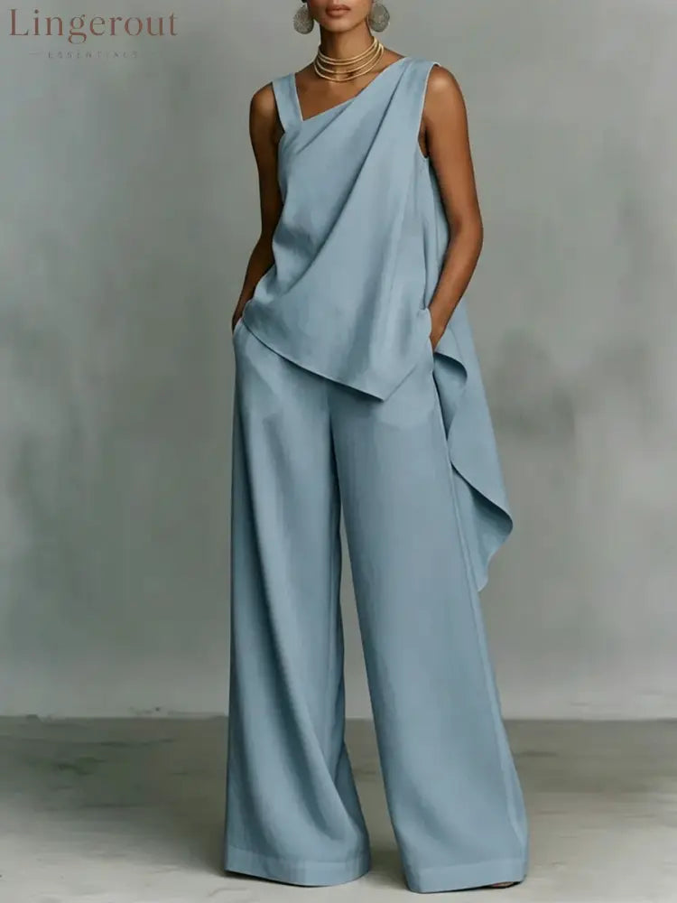 Women’s Minimalist High-end Style White Asymmetrical Cotton-linen Suit - Blue / S