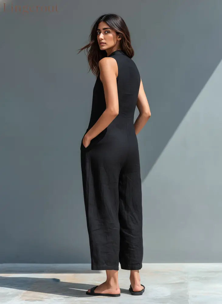 Women’s Minimalist Linen Blend Button-up Stand-collar Sleeveless Loose Jumpsuit