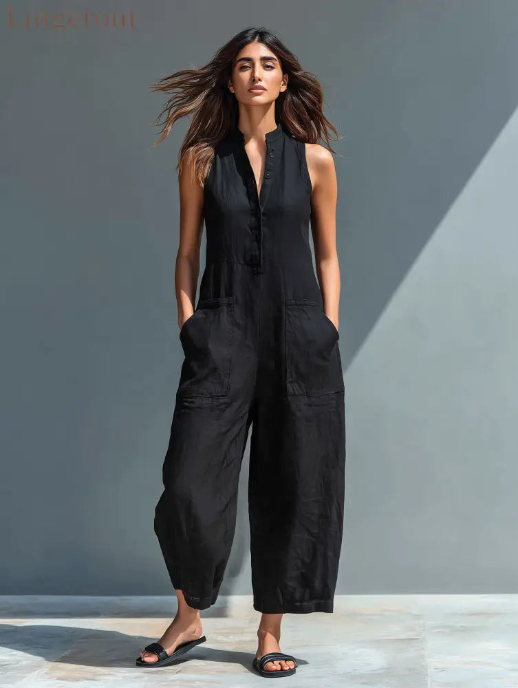 Women’s Minimalist Linen Blend Button-up Stand-collar Sleeveless Loose Jumpsuit