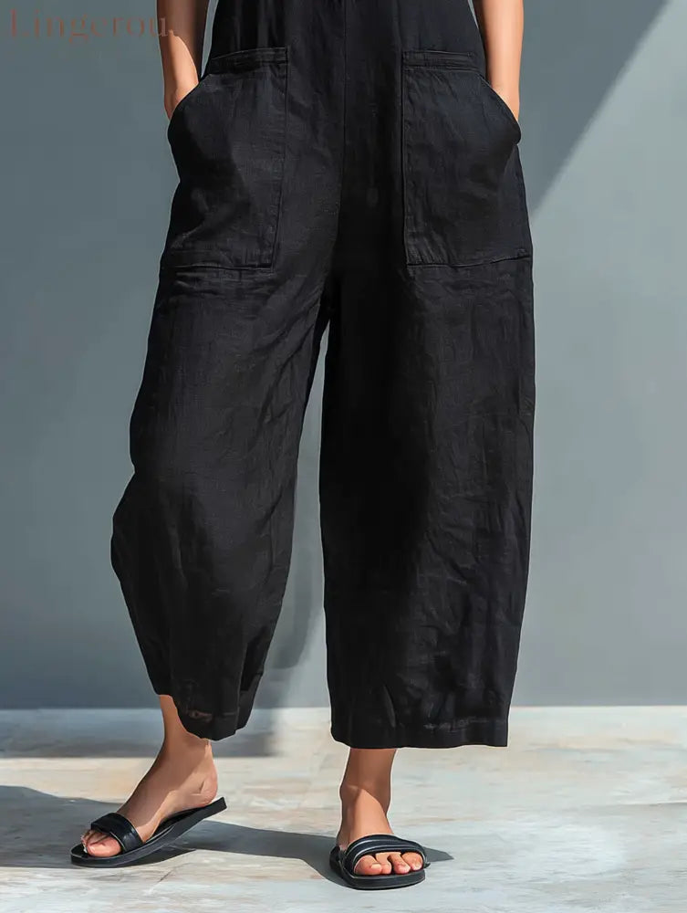Women’s Minimalist Linen Blend Button-up Stand-collar Sleeveless Loose Jumpsuit