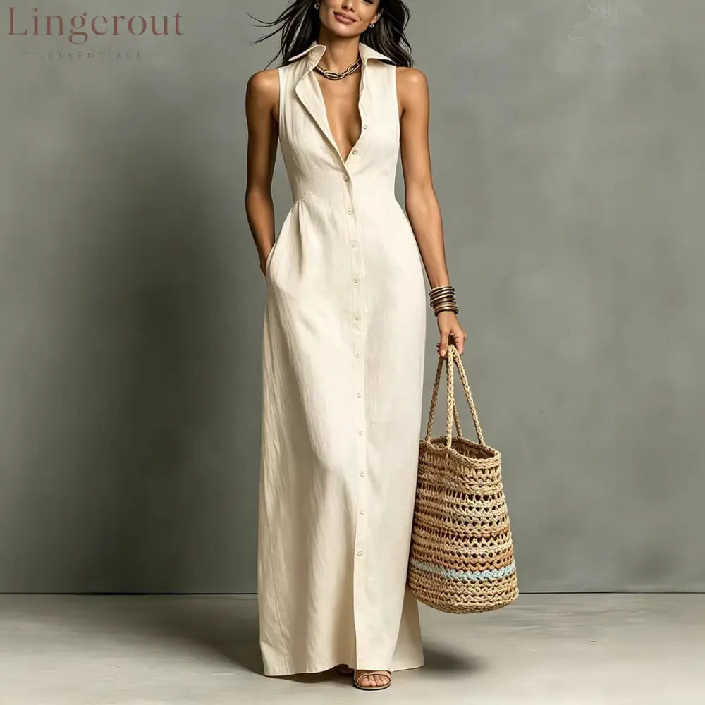Women’s Minimalist Linen-Blend Collared Single-Breasted Sleeveless Maxi Shirt Dress