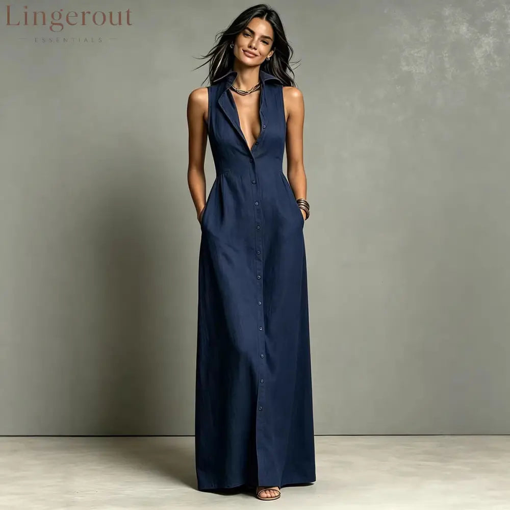 Women’s Minimalist Linen-Blend Collared Single-Breasted Sleeveless Maxi Shirt Dress