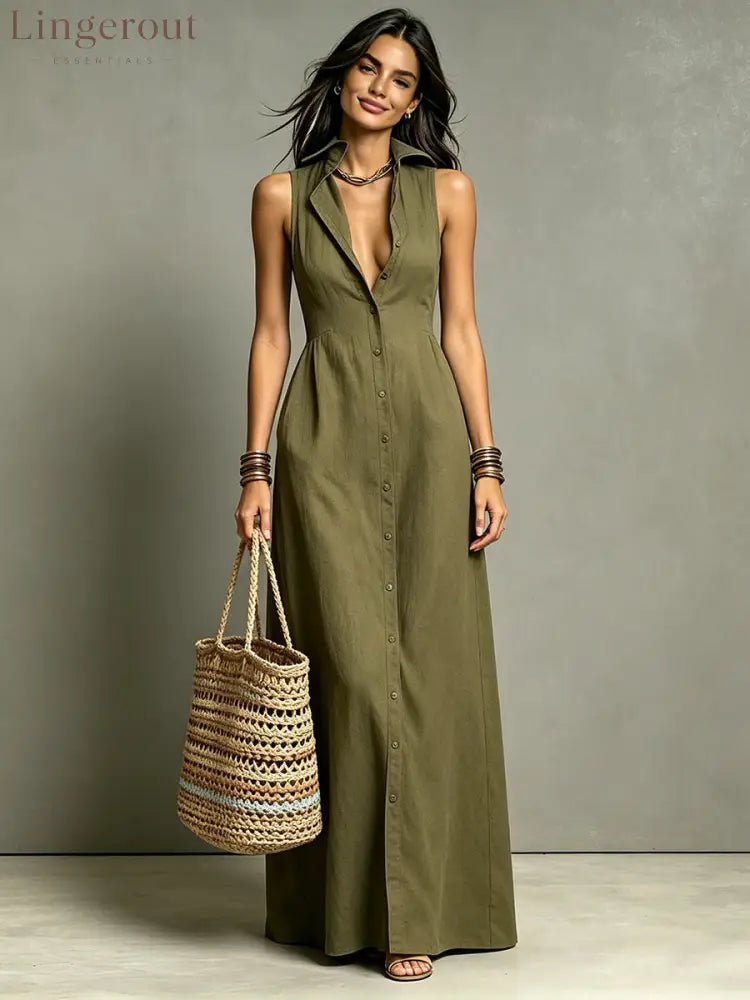 Women’s Minimalist Linen-Blend Collared Single-Breasted Sleeveless Maxi Shirt Dress - Green / XS