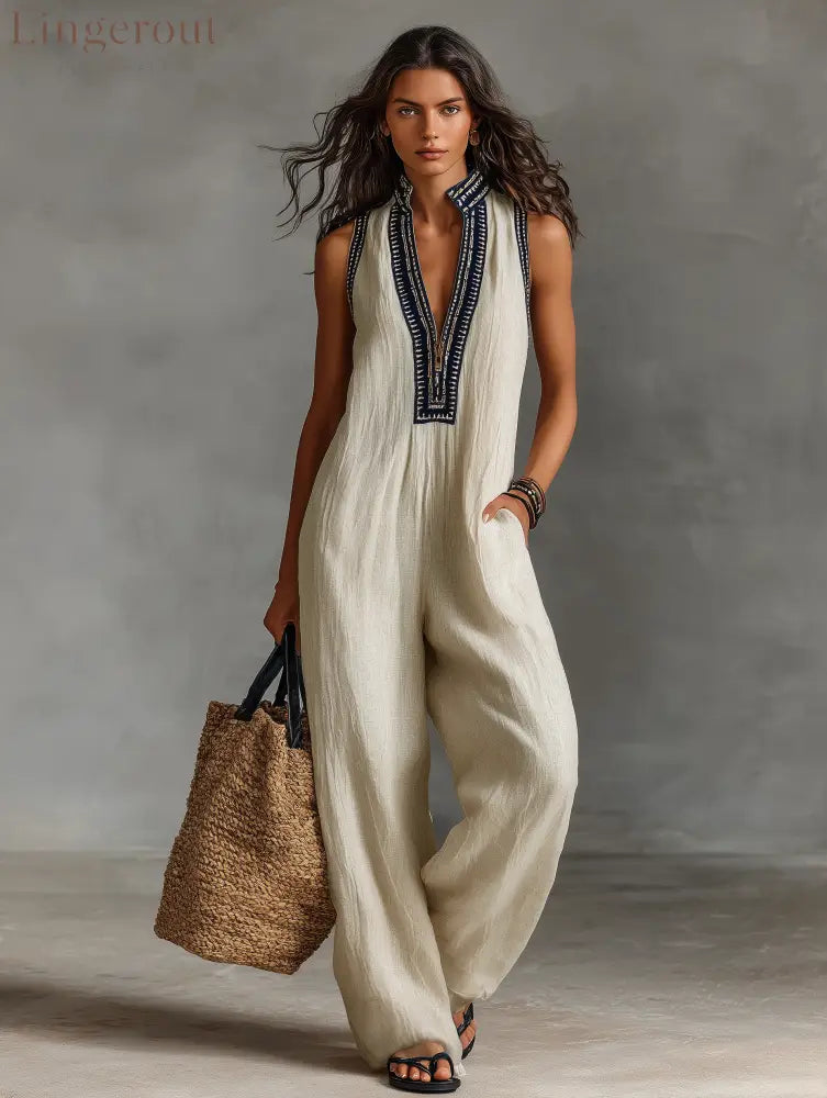 Women’s Minimalist Linen Blend Sleeveless Jumpsuit