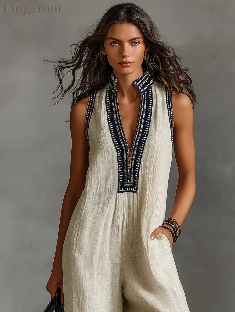 Women’s Minimalist Linen Blend Sleeveless Jumpsuit
