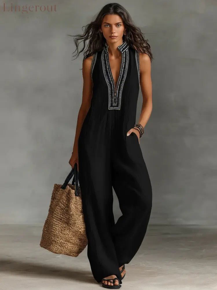 Women’s Minimalist Linen Blend Sleeveless Jumpsuit - Black / S