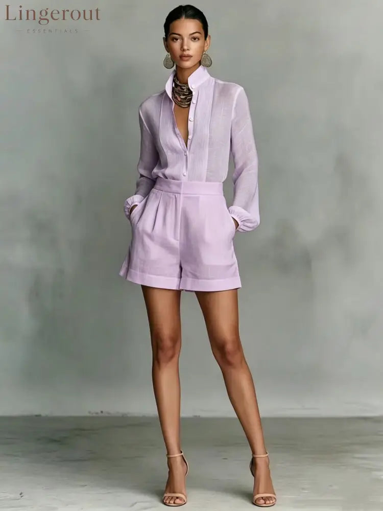 Women’s Minimalist Linen-Blend Stand-Collar Single-Breasted Long-Sleeve Shirt And Shorts Set - Light purple / S