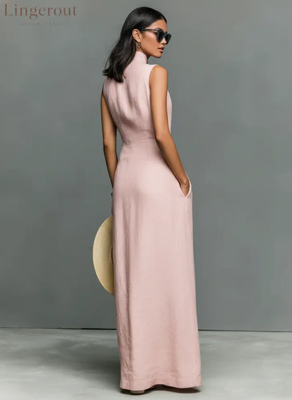 Women’s Minimalist Linen-Blend Stand-Collar Single-Breasted Sleeveless Maxi Dress