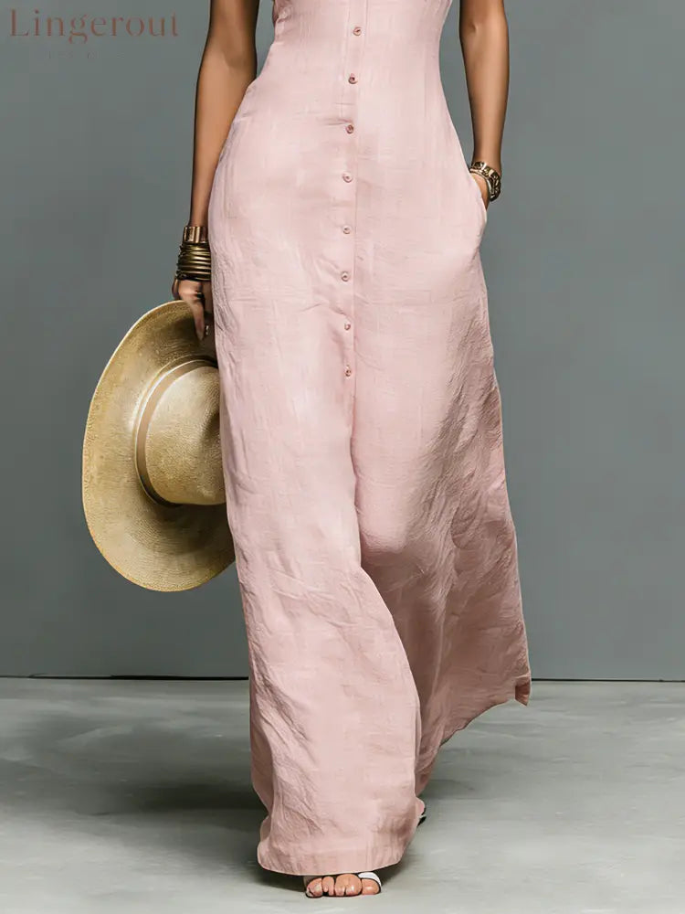 Women’s Minimalist Linen-Blend Stand-Collar Single-Breasted Sleeveless Maxi Dress