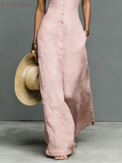 Women’s Minimalist Linen-Blend Stand-Collar Single-Breasted Sleeveless Maxi Dress