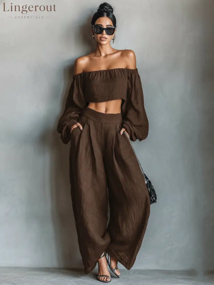Women’s Minimalist Linen Blend Strapless Long-sleeved Blouse And Wide-leg Pants Set - Brown / XS