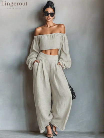 Women’s Minimalist Linen Blend Strapless Long-sleeved Blouse And Wide-leg Pants Set - Ivory White / XS