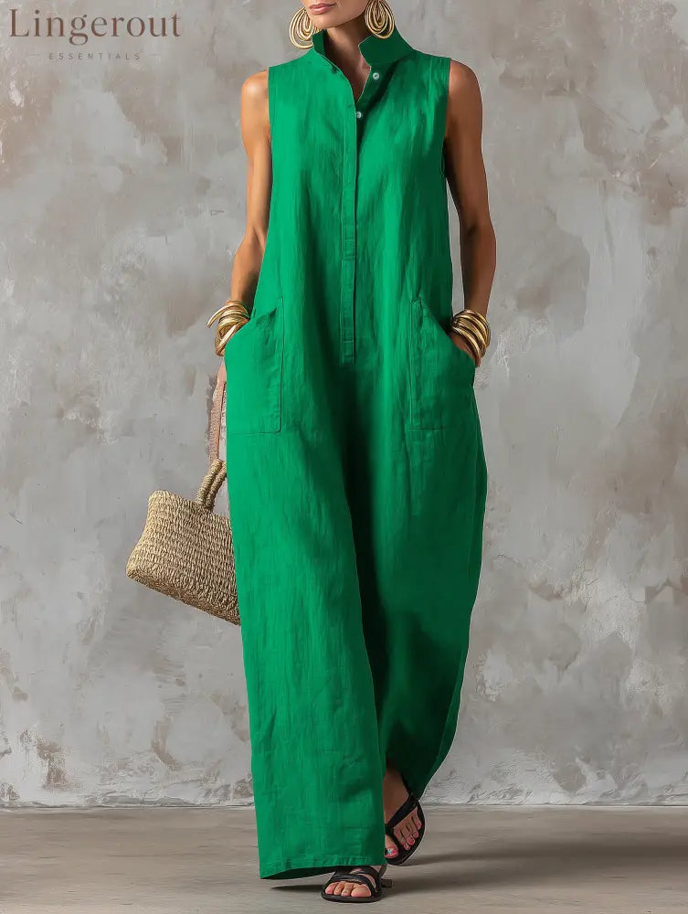 Women’s Minimalist Loose-Fit Linen-Blend Jumpsuit, Stand Collar Sleeveless Single-Breasted - Green / XS