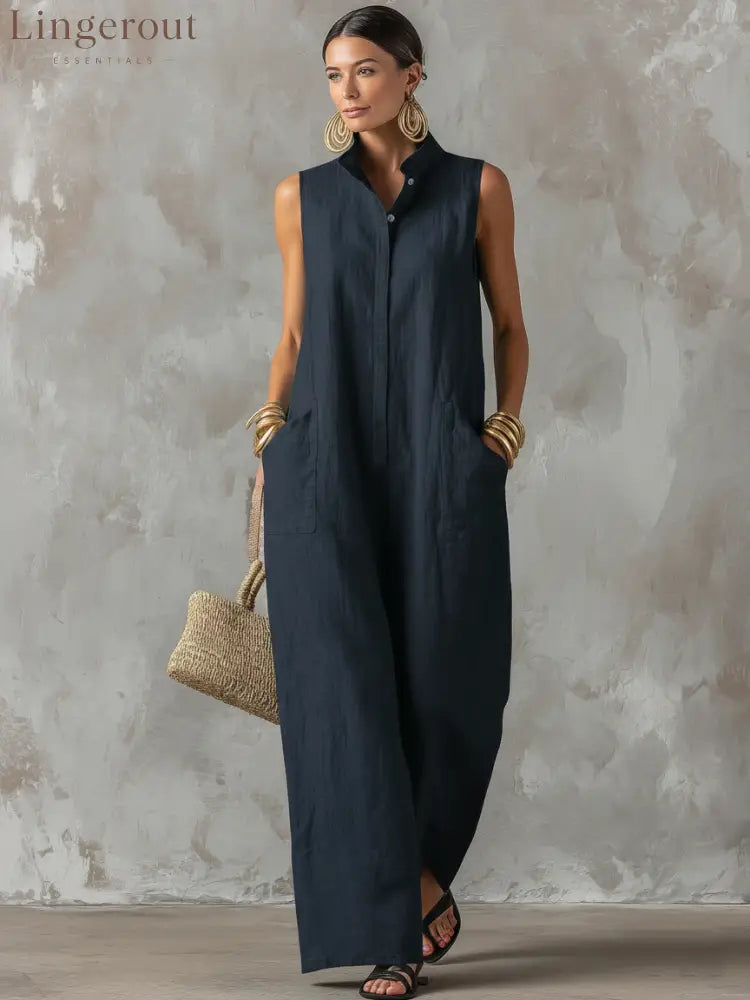 Women’s Minimalist Loose-Fit Linen-Blend Jumpsuit, Stand Collar Sleeveless Single-Breasted - Navy / XS