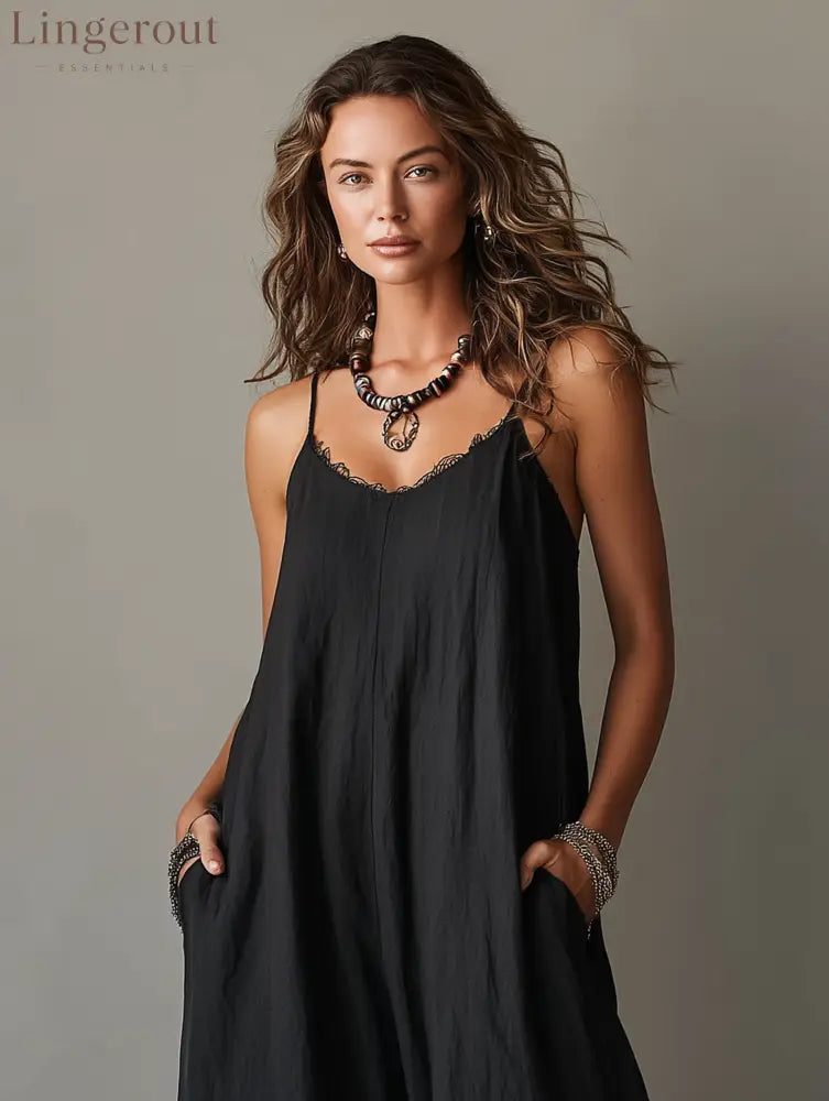 Women’s Minimalist Loose-Fit Linen-Blend Jumpsuit With Lace Neckline Spaghetti Straps And Frayed Hems