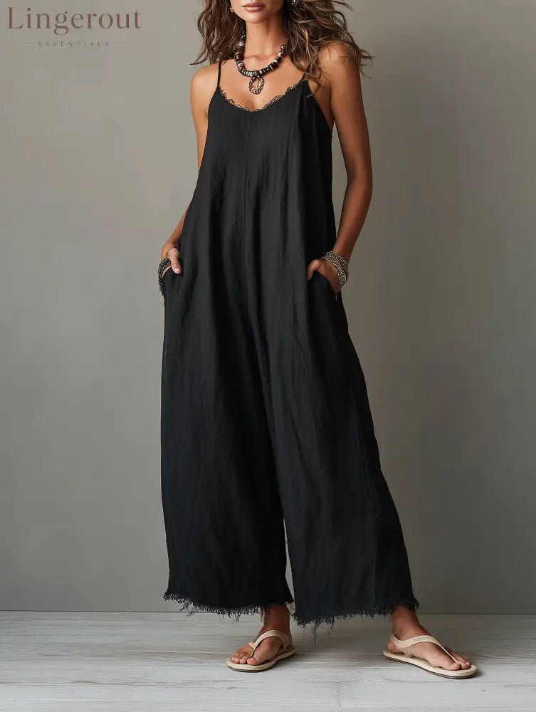 Women’s Minimalist Loose-Fit Linen-Blend Jumpsuit With Lace Neckline Spaghetti Straps And Frayed Hems - Black / XS