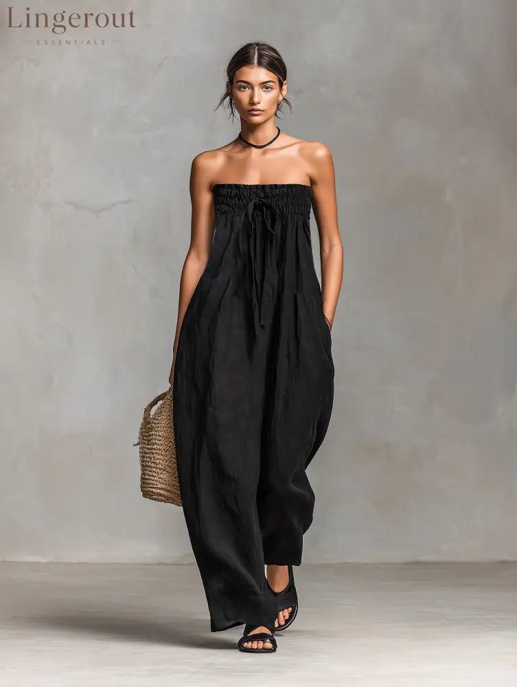 Women’s Minimalist Loose-fitting Linen Blend Strapless Jumpsuit With Tie Closure